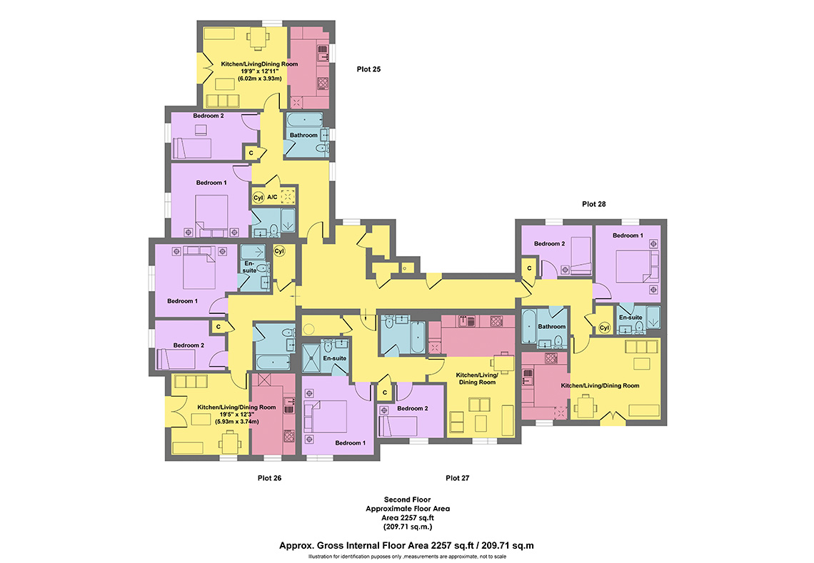 Colour coded plan of second floor apartments.