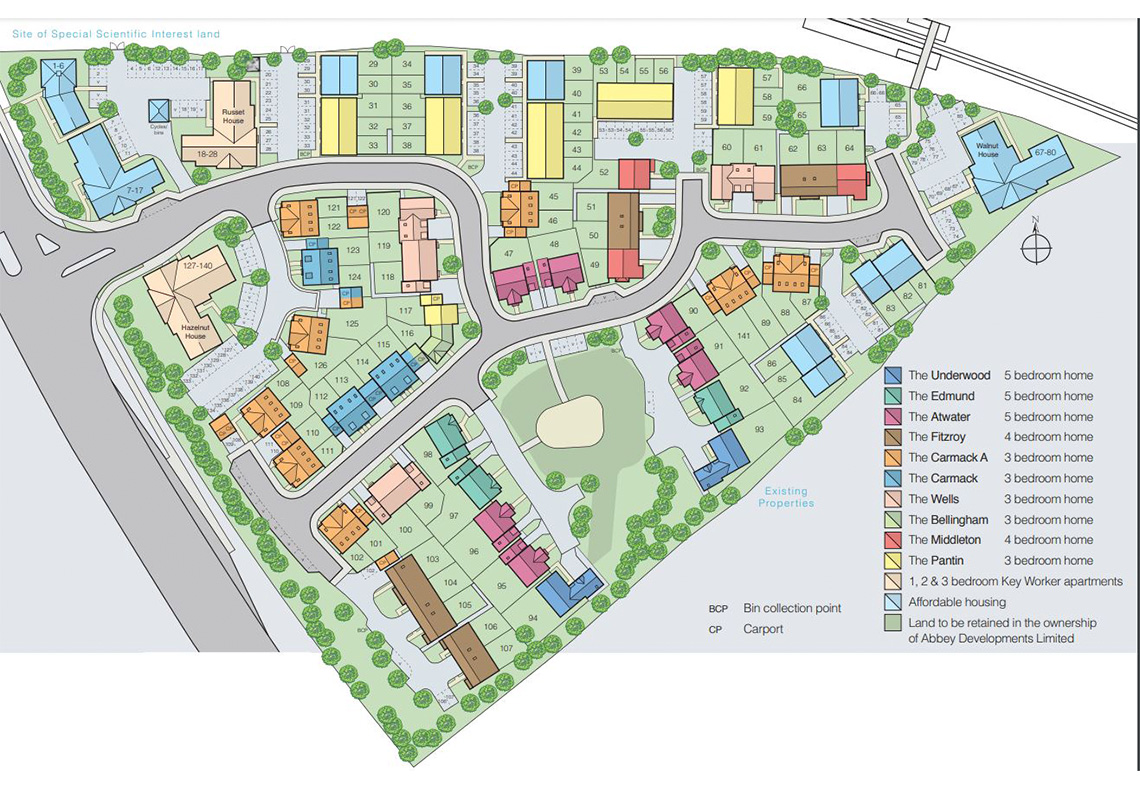 Architectural plan of St Nicholas Place housing development with colour coded housing plots.